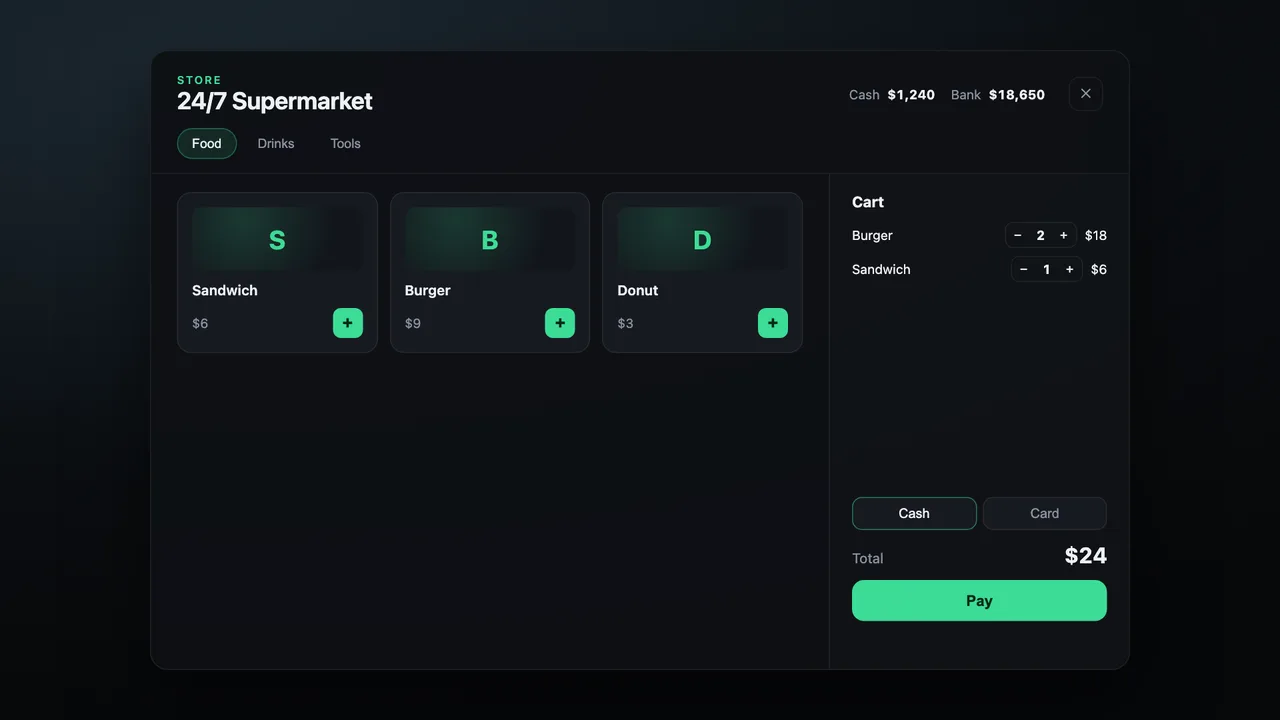NUI des Beispiels „Qbox NUI shop“, gerendert in der Vorschau von RPCrate AI