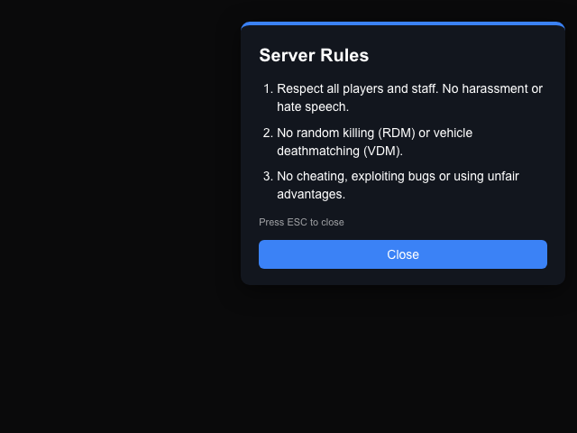 Browser-NUI-Vorschau von „Standalone server rules board“ mit simulierten Nachrichten zum Öffnen und Schließen