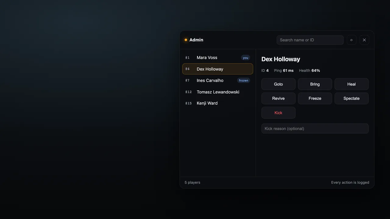 NUI des Beispiels „Standalone admin menu“, gerendert in der Vorschau von RPCrate AI