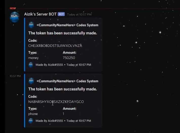 Code Redeem Script - RPCrate - Free FiveM Mods | RPCrate Historical Aizik Discord bot preview with money and item reward codes