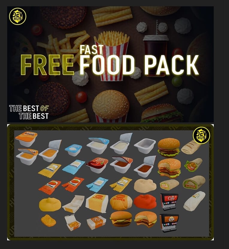 Fast Food Pack 2 Props: prévia e disponibilidade Promoção de alimentos da DEVHUB com hambúrgueres, molhos e embalagens