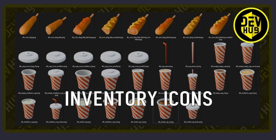 Fast Food Pack 2 Props: prévia e disponibilidade Ícones de inventário DEVHUB para copos, tampas, canudos e corn dogs