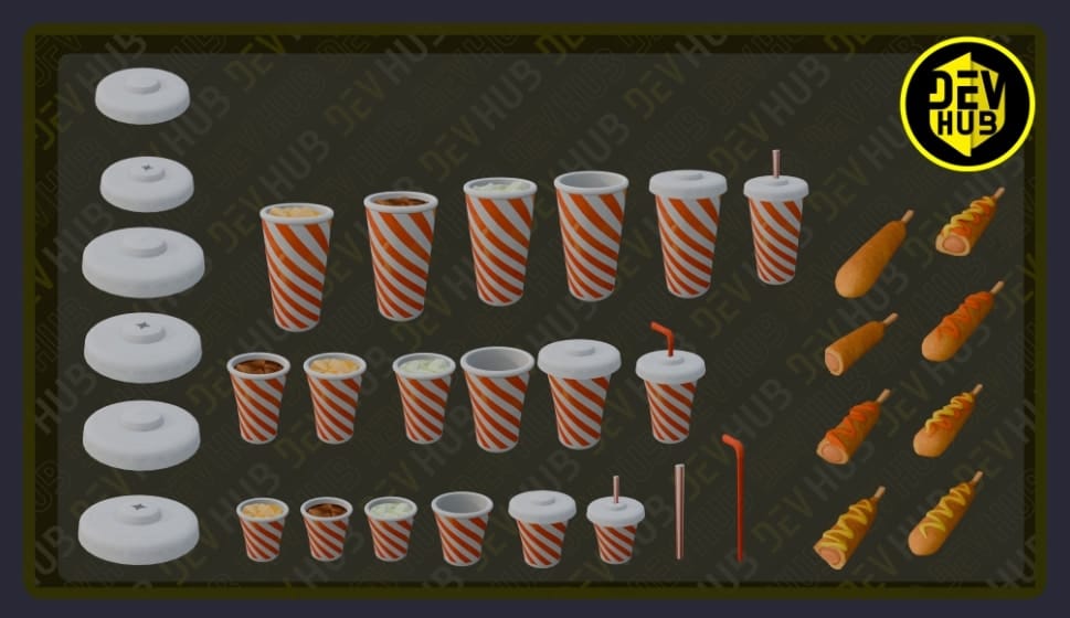 Fast Food Pack 2 Props: prévia e disponibilidade Props DEVHUB de copos, tampas, canudos e corn dogs