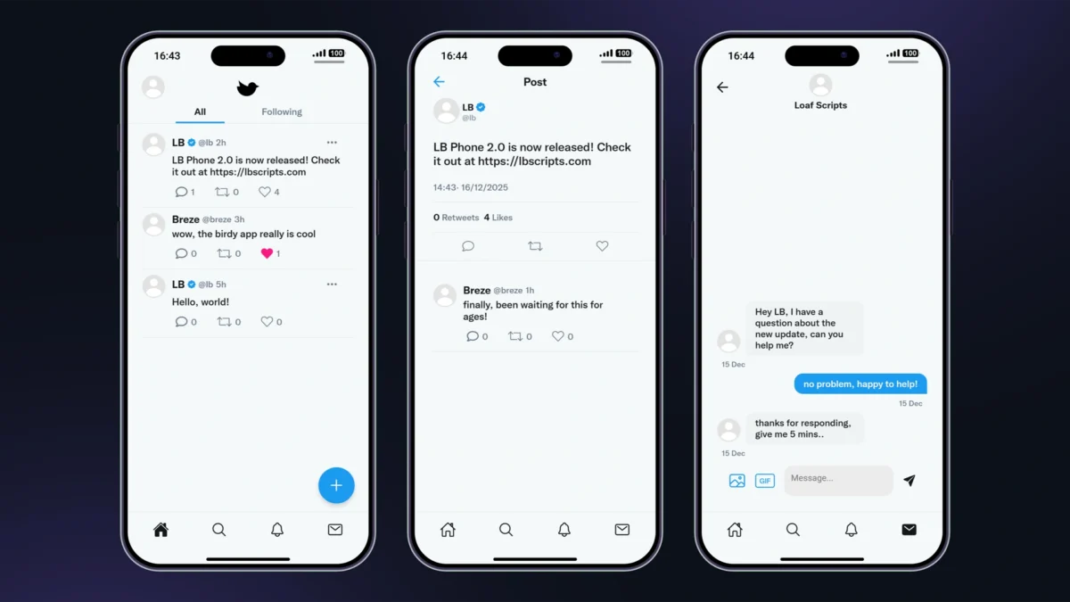 LB Phone v2 Birdy social app interface