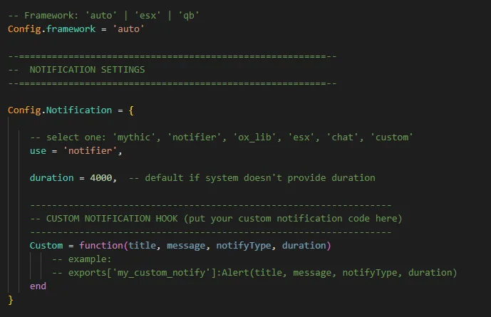 Sistema de muletas con silla de ruedas para FiveM | RPCrate Configuración del framework y del adaptador de notificación