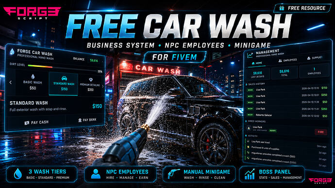 Forge Car Wash for FiveM: Free Listing, Setup and Business Balance Car Wash | Business System, NPC Employees & Realistic Minigame | ESX & QB-Core
