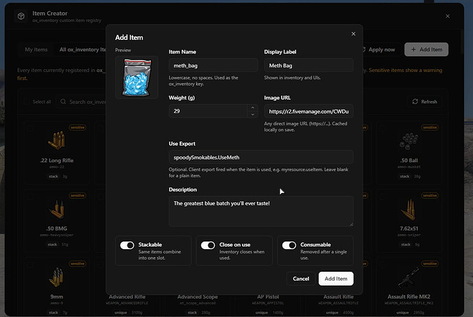 spoodyItemCreator für ox_inventory: Einrichtung und Grenzen spoodyItemCreator | In-Game-Item-Ersteller-Tool für ox_inventory