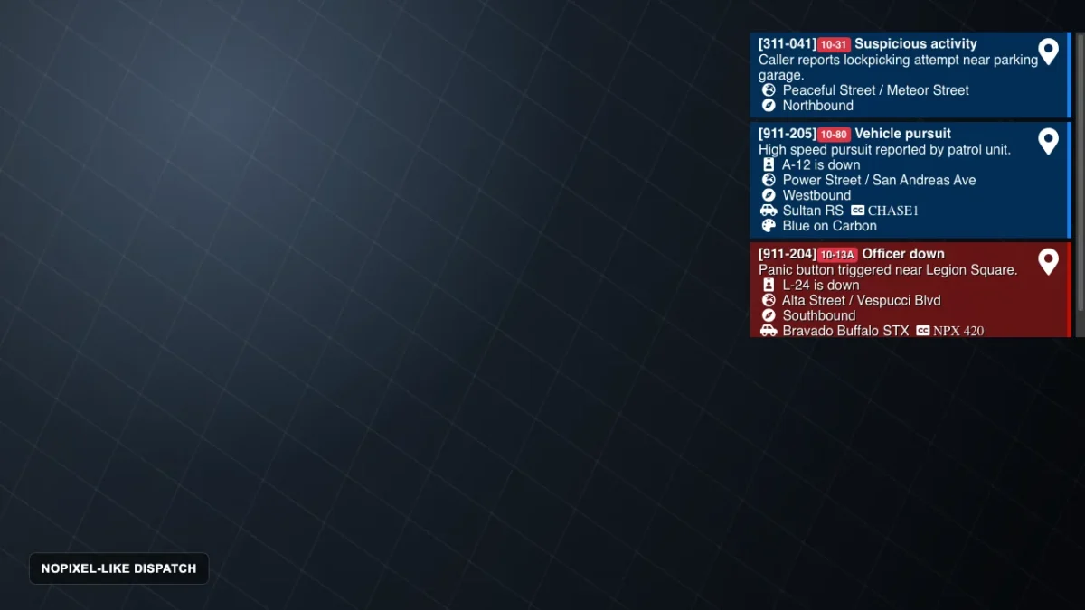 Prévia do Dispatch tipo NoPixel com chamadas prioritárias, marcador GPS, detalhes do veículo e localização