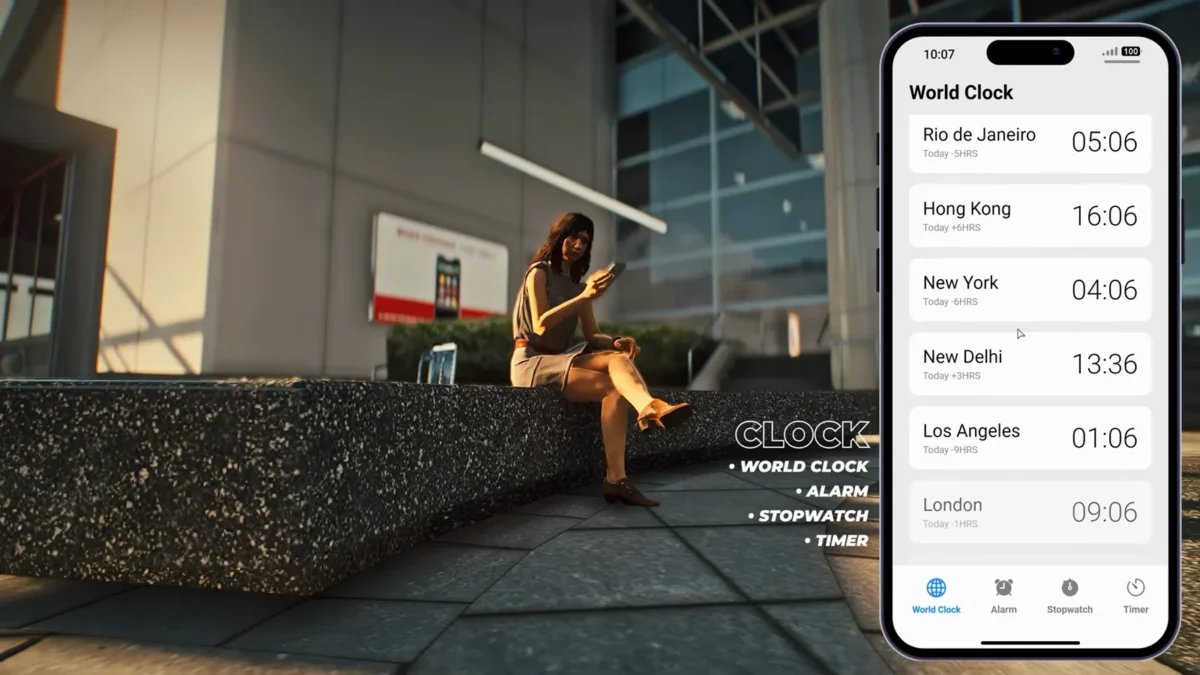 LB Phone v2 world clock interface shown in the official product video