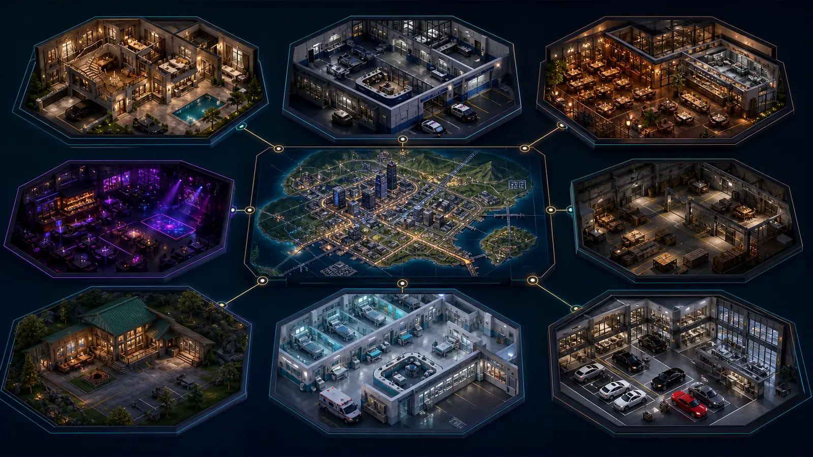 FiveM MLO categories including mansion, police, restaurant, nightclub and hospital interiors