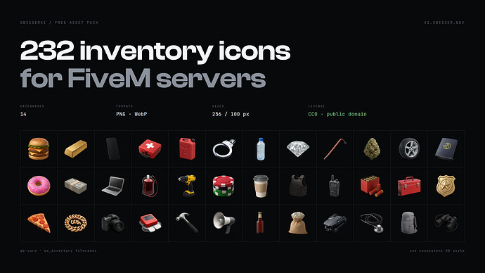 232 Inventar-Icons | Ein einheitlicher Stil | qb-core & ox_inventory | CC0